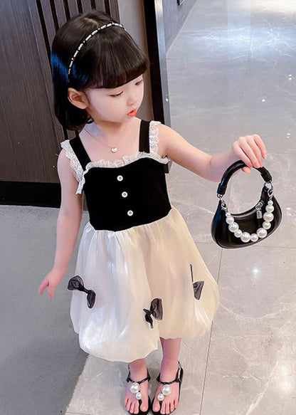 Boutique Black Square Collar Lace Patchwork Bow Silk Vacation Slip Mid Dress Summer