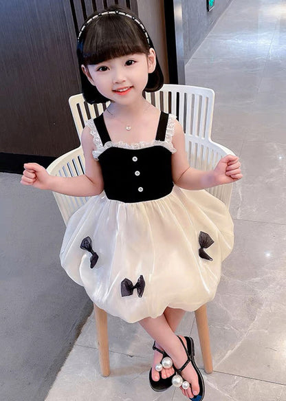 Boutique Black Square Collar Lace Patchwork Bow Silk Vacation Slip Mid Dress Summer