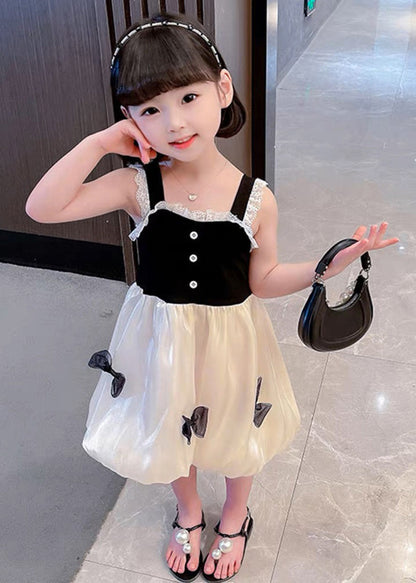 Boutique Black Square Collar Lace Patchwork Bow Silk Vacation Slip Mid Dress Summer