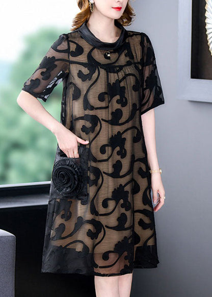 Boutique Black Stand Collar Pockets Patchwork Silk Mid Dresses Summer