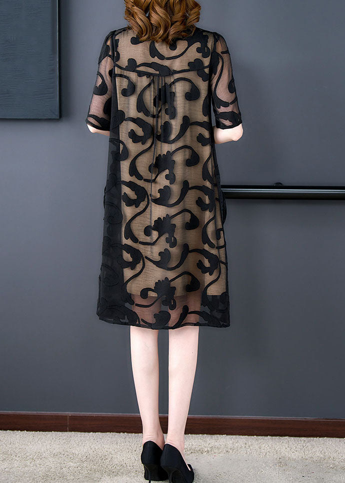 Boutique Black Stand Collar Pockets Patchwork Silk Mid Dresses Summer