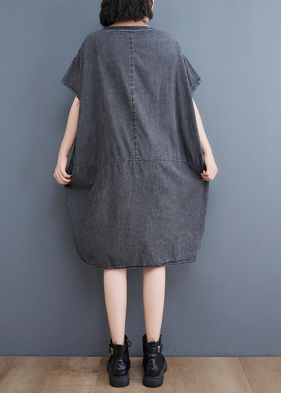 Boutique Black V Neck Patchwork Low High Design Denim Dresses Short Sleeve