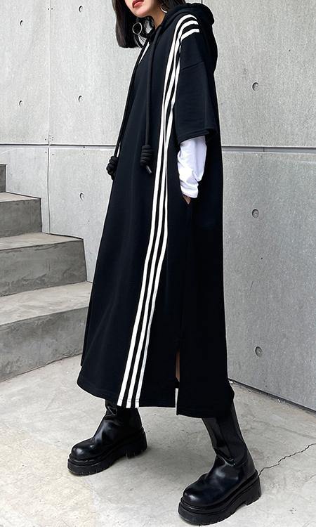 Boutique Black Hooded Cotton Side Open Summer Dresses