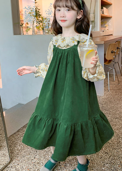 Boutique Blackish Green Print Wrinkled Cotton Baby Dress Two Pieces Set Fall