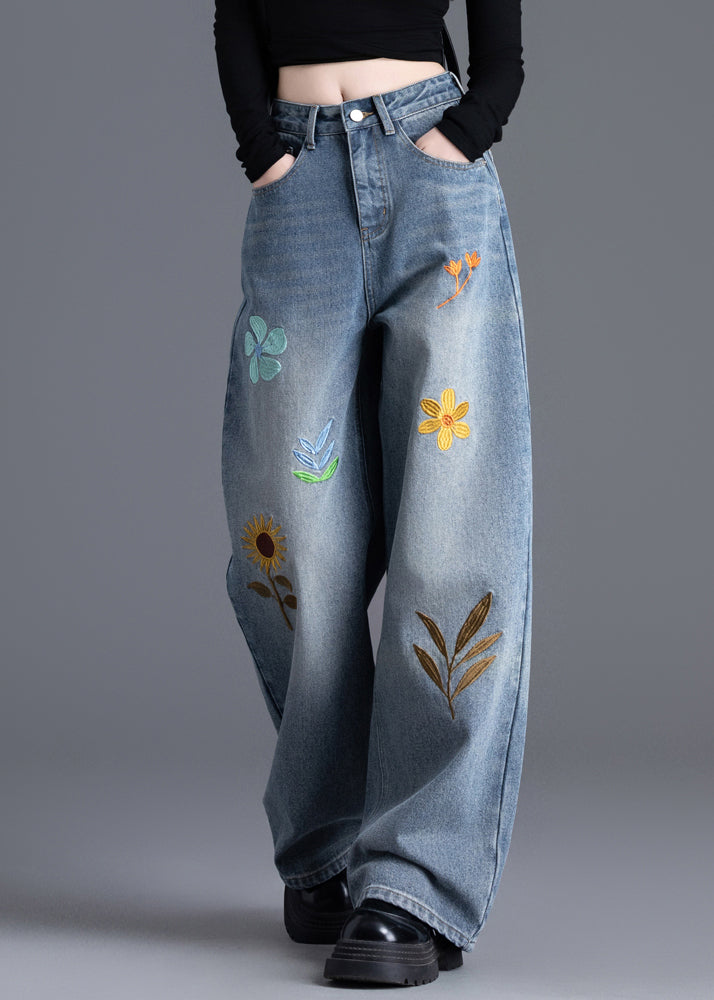 Boutique Blue Embroidered Denim Straight Pants Spring