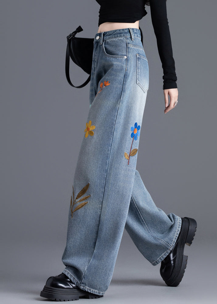 Boutique Blue Embroidered Denim Straight Pants Spring