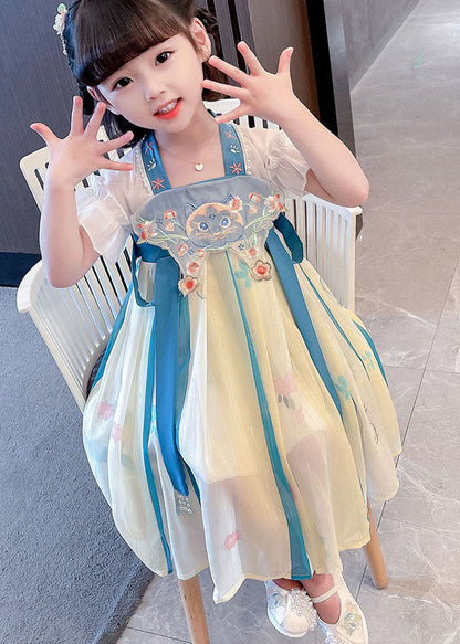 Boutique Blue Embroideried Cats Patchwork Chiffon Baby Dresses Summer