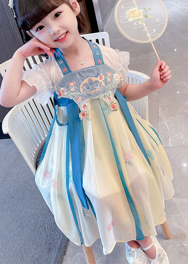 Boutique Blue Embroideried Cats Patchwork Chiffon Baby Dresses Summer
