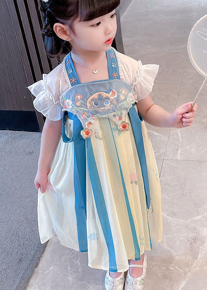 Boutique Blue Embroideried Cats Patchwork Chiffon Baby Dresses Summer
