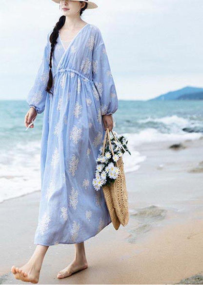 Boutique Blue Embroideried Tie Waist Long Summer Cotton Dress