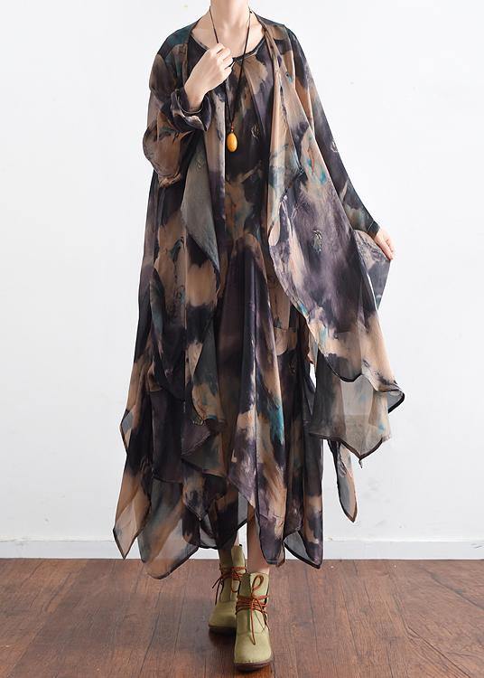 Boutique Blue Green Print O-neck Two-piece Set Summer Chiffon Dress