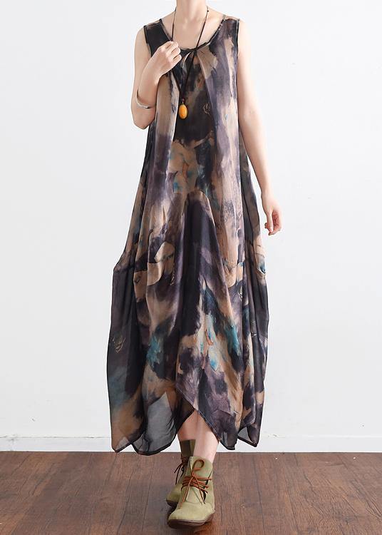 Boutique Blue Green Print O-neck Two-piece Set Summer Chiffon Dress