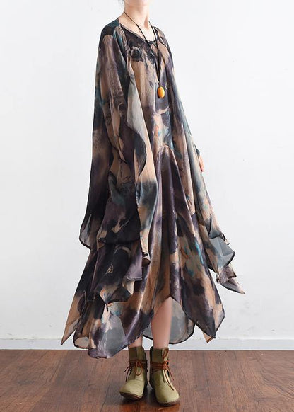 Boutique Blue Green Print O-neck Two-piece Set Summer Chiffon Dress