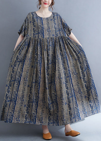 Boutique Blue O-neck Cinched Print Extra Large Hem Holiday Dress Short Sleeve
