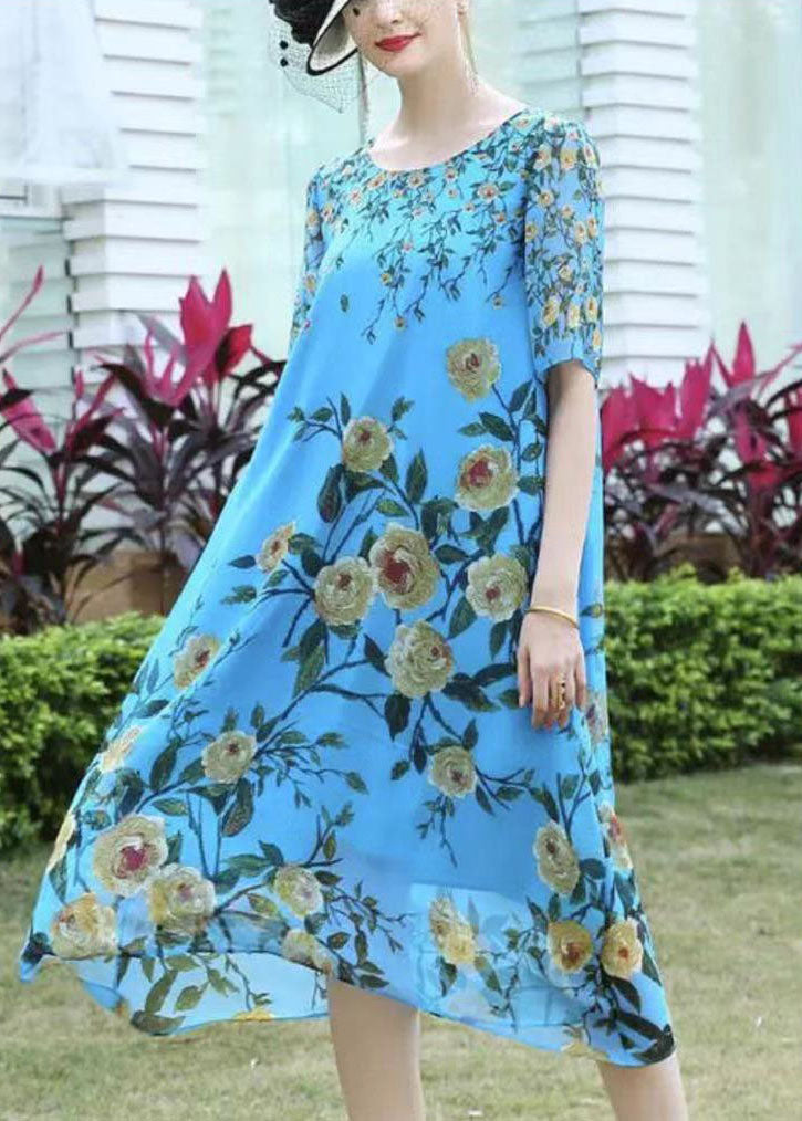 Boutique Blue O-neck Print Exra Large Hem Silk Dress Short Sleeve
