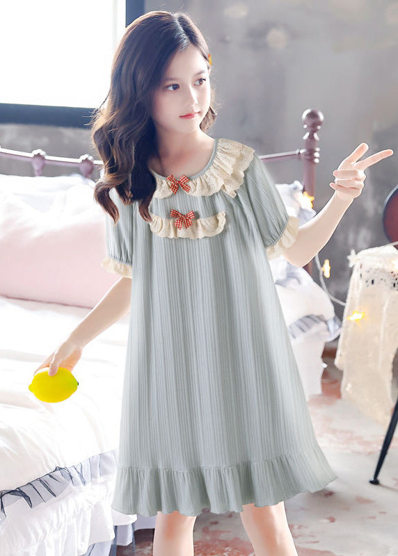 Boutique Blue O-neck Striped Bow Patchwork Cotton Long Dress Summer