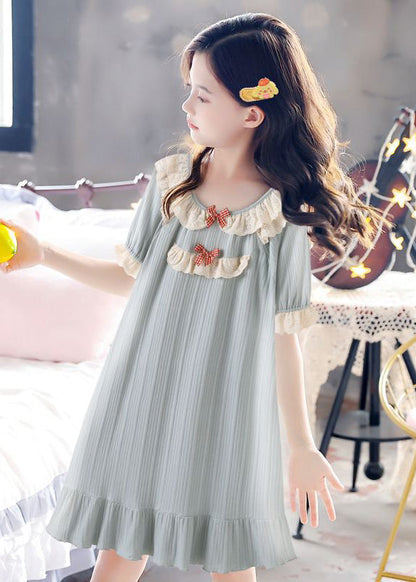 Boutique Blue O-neck Striped Bow Patchwork Cotton Long Dress Summer