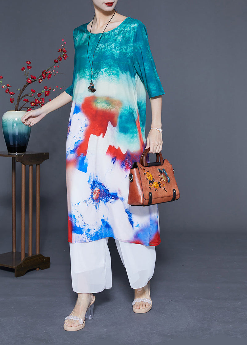 Boutique Blue O-neck Tie Dye Silk Long Dress Half Sleeve
