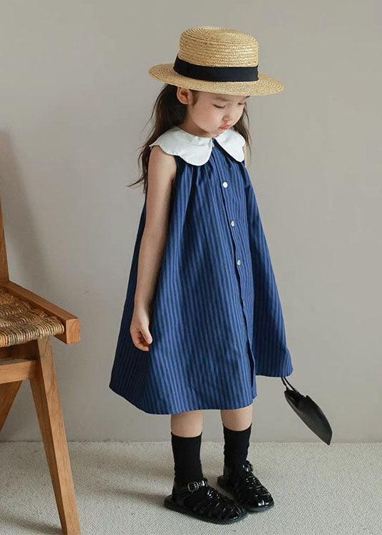 Boutique Blue Peter Pan Collar Striped Patchwork Cotton Baby Dresses Summer