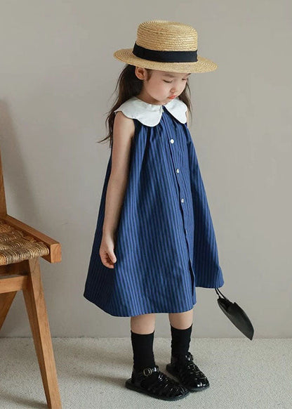 Boutique Blue Peter Pan Collar Striped Patchwork Cotton Baby Dresses Summer