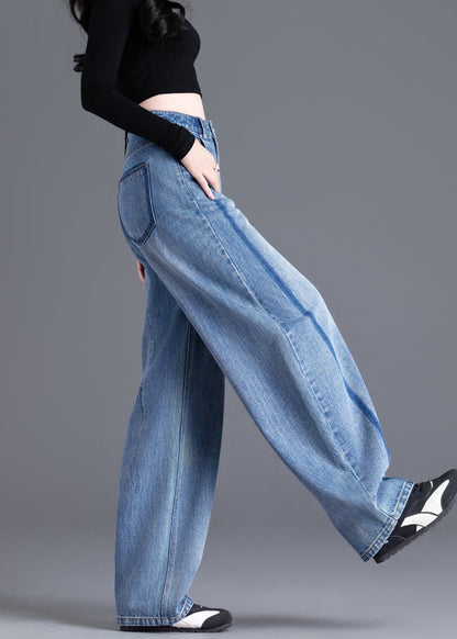 Boutique Blue Pockets Patchwork High Waist Denim Pants Spring