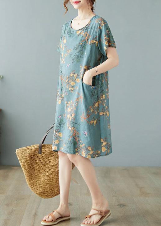 Boutique Blue Pockets Print Mini Dresses O Neck
