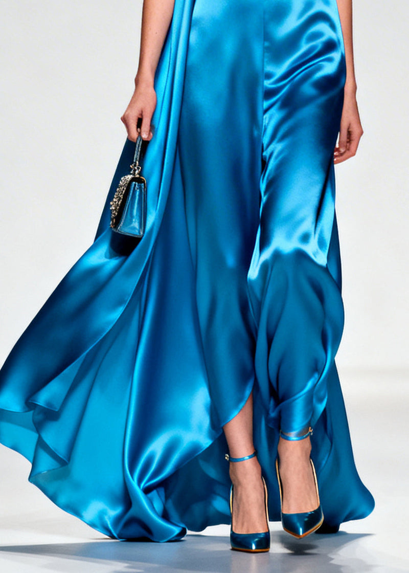 Boutique Blue Ruffled Exra Large Hem Silk Long Dress Summer