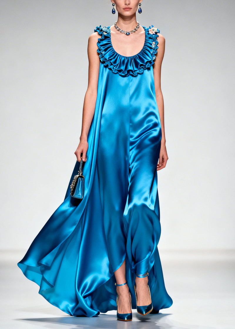 Boutique Blue Ruffled Exra Large Hem Silk Long Dress Summer