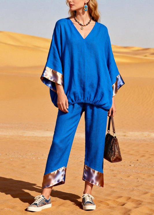 Boutique Blue Top and Pants Silk Patchwork Linen Two Pieces Set Summer