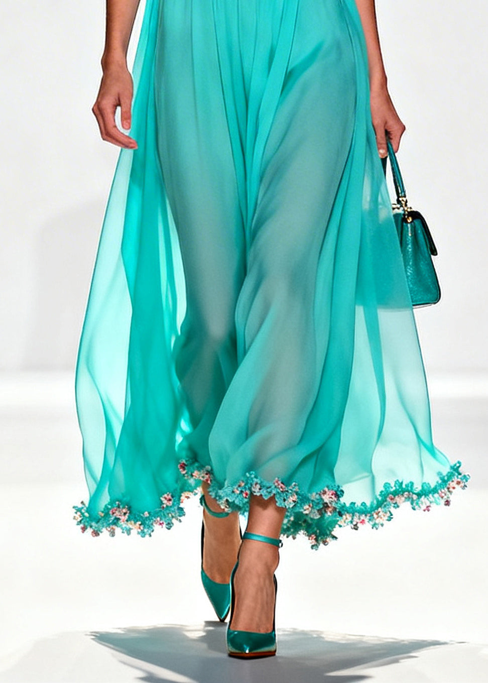 Boutique Blue Turtle Neck Patchwork Flower Lace Chiffon Maxi Dress Summer