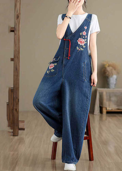 Boutique Blue V Neck Asymmetrical Pockets Denim Jumpsuit Summer