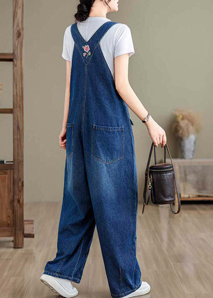 Boutique Blue V Neck Asymmetrical Pockets Denim Jumpsuit Summer