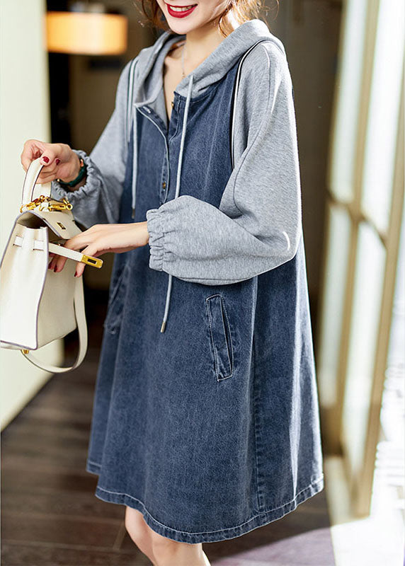 Boutique Blue Hooded Pockets Button Patchwork Fall Long Sleeve Denim Mid Dress