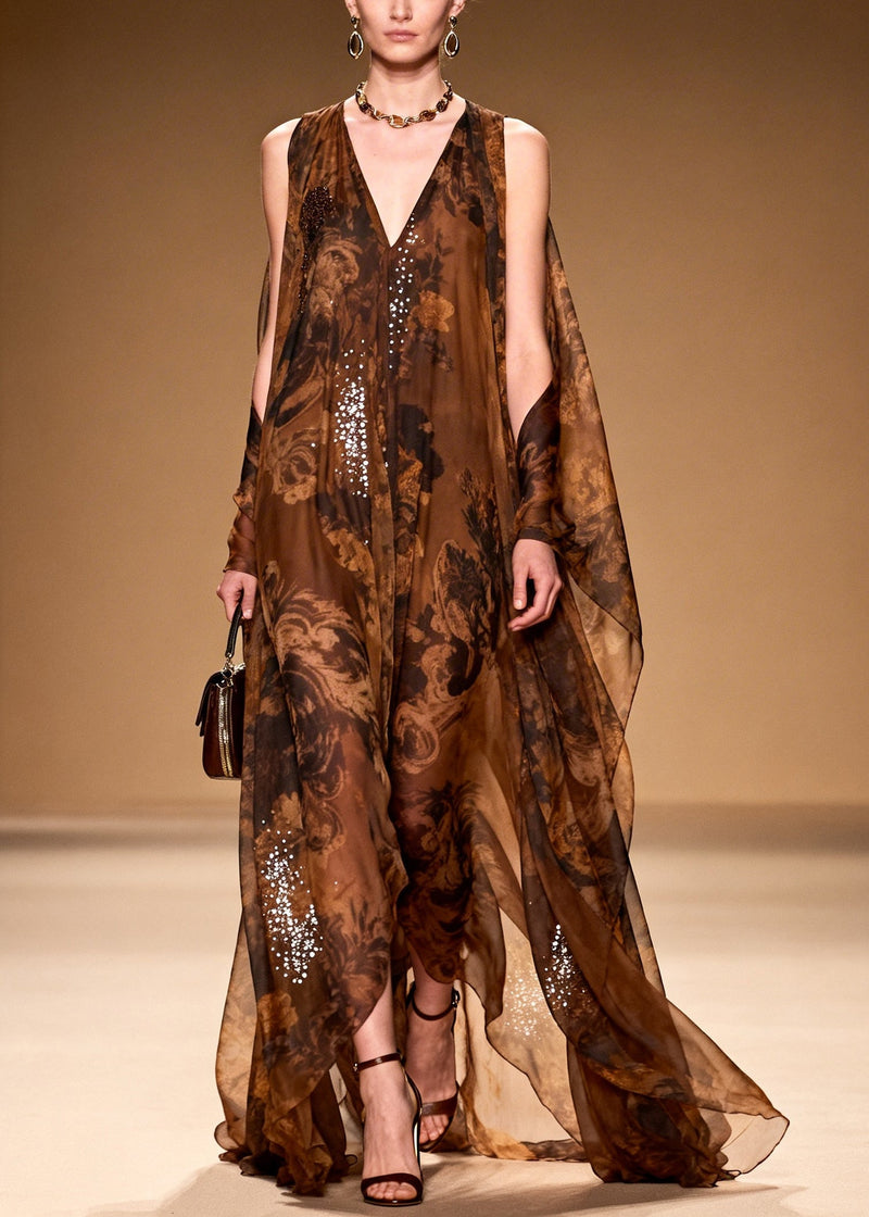Boutique Brown Print With Rhinestone Silk Robe Dresses Summer