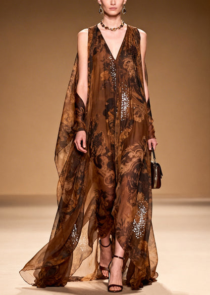 Boutique Brown Print With Rhinestone Silk Robe Dresses Summer