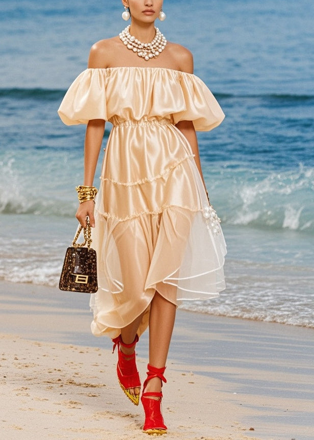 Boutique Champagne Cold Shoulder Silk Robe Dresses Puff Sleeve