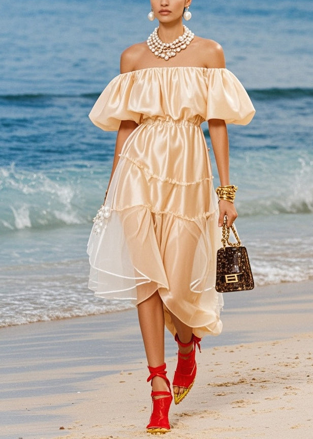 Boutique Champagne Cold Shoulder Silk Robe Dresses Puff Sleeve