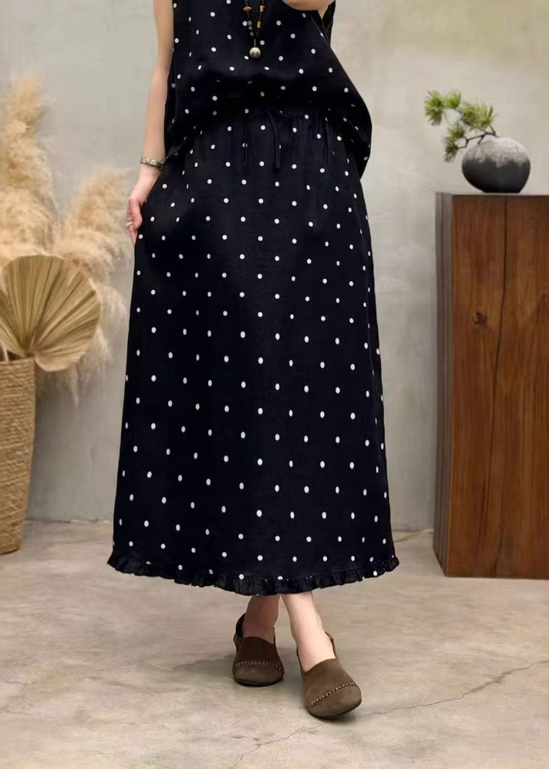 Boutique Coffee Dot Ruffled Pockets Patchwork Linen Skirts Summer