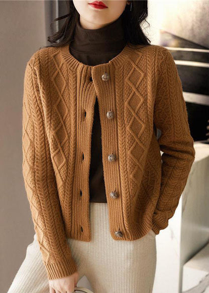Boutique Chocolate O-neck Button Thick Cable Knit Cardigans Winter