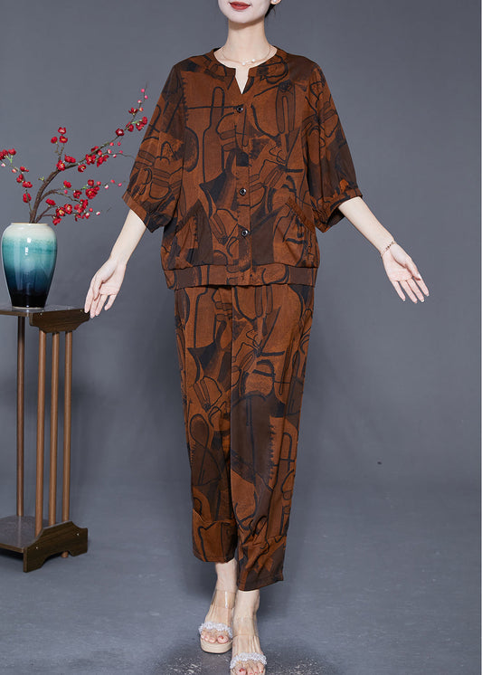 Boutique Coffee Print Pockets Silk Sets 2 Pieces Summer