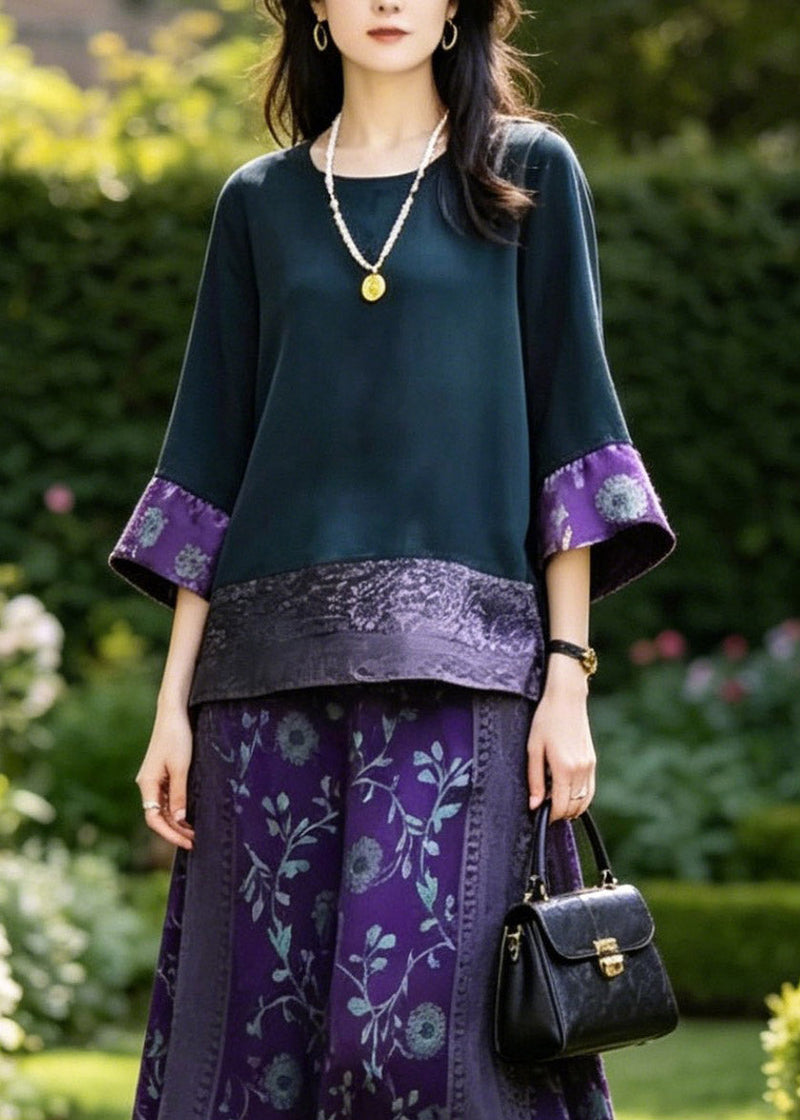 Boutique Dark Blue O-neck Patchwork Silk T Shirts and Wide Leg Pants Two Piece Set Summer