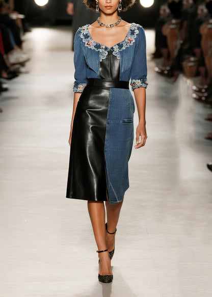 Boutique Denim Blue Asymmetrical Patchwork Faux Leather Flower Decorated Dress Summer
