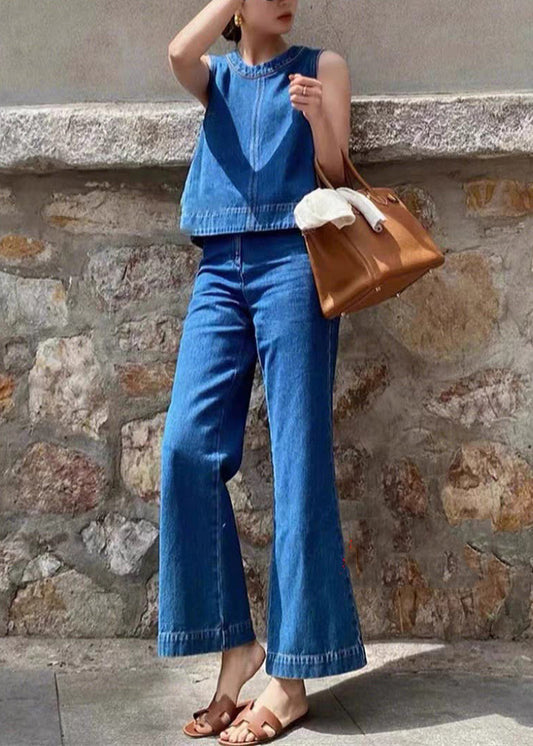 Boutique Denim Blue Patchwork Top and Wide Leg Pants Two Piece Set Sleeveless