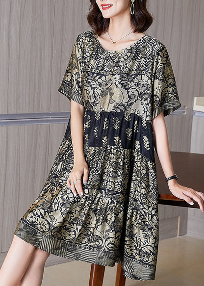 Boutique Gold O-neck Print Wrinkled Patchwork Silk Dresses Summer