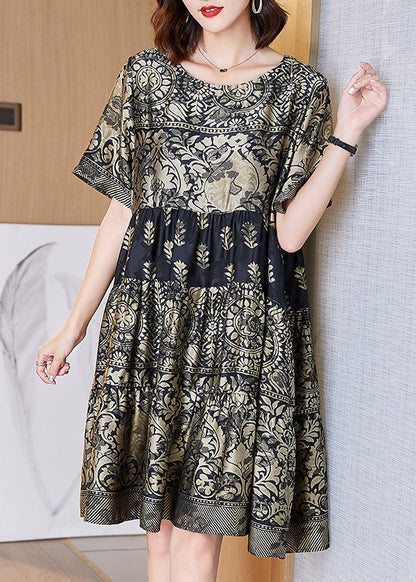 Boutique Gold O-neck Print Wrinkled Patchwork Silk Dresses Summer
