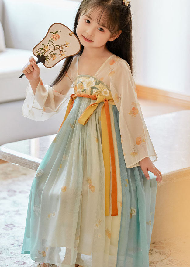 Boutique Gradient Color Embroideried Wrinkled Chiffon Kids Long Dresses Summer
