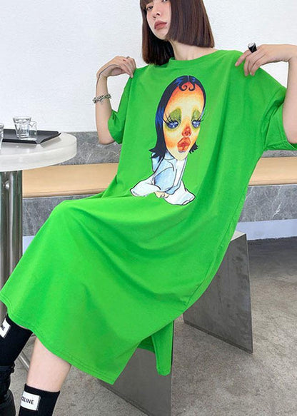 Boutique Green Character Pattern Side Open Long Dress
