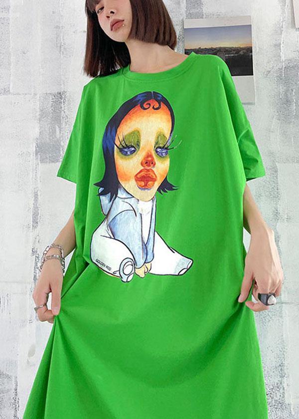 Boutique Green Character Pattern Side Open Long Dress