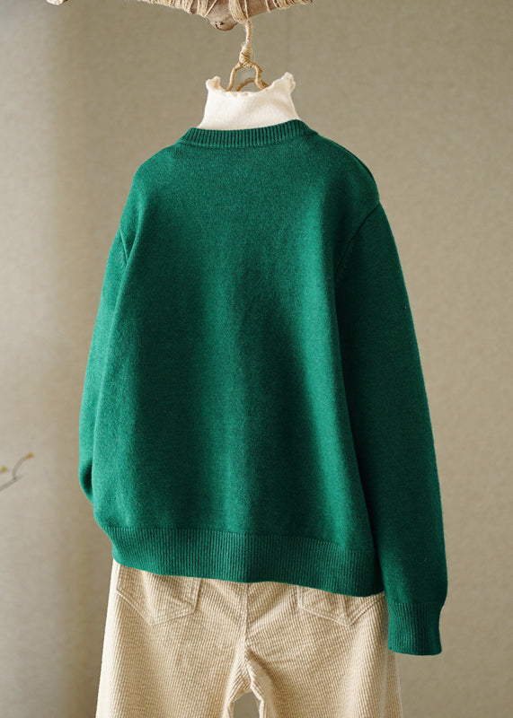 Boutique Green O-neck Embroideried Button Knitted Cotton Thread Cardigans Fall