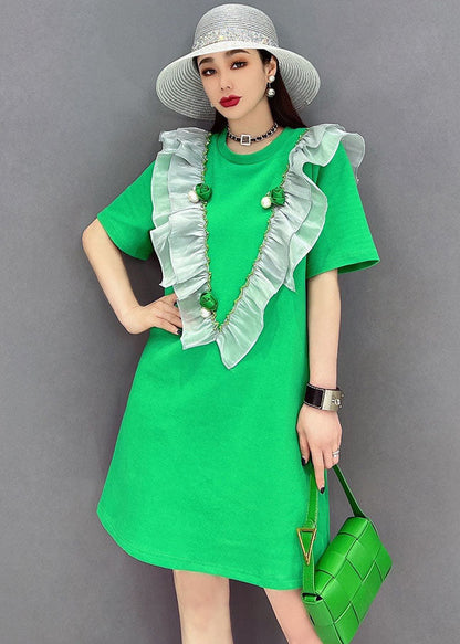 Boutique Green O-neck Patchwork Ruffles Cotton Mid Dress Short Sleeve
